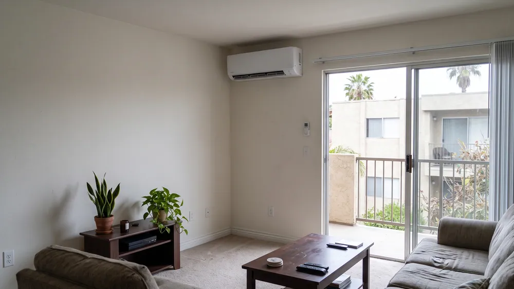 Wall-mounted mini-split in a condo living room.