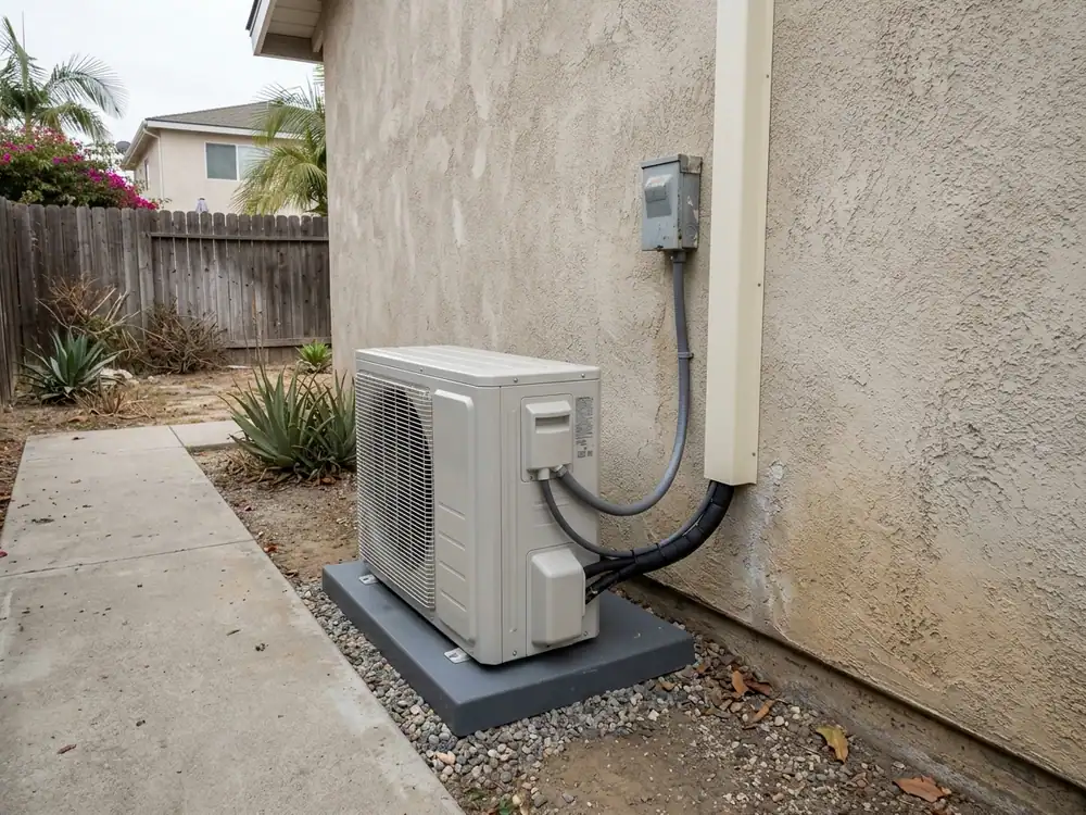 Outdoor mini-split with space beside a residential walkway.
