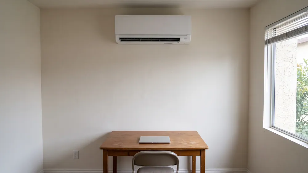 Mini-split above a simple home-office desk.