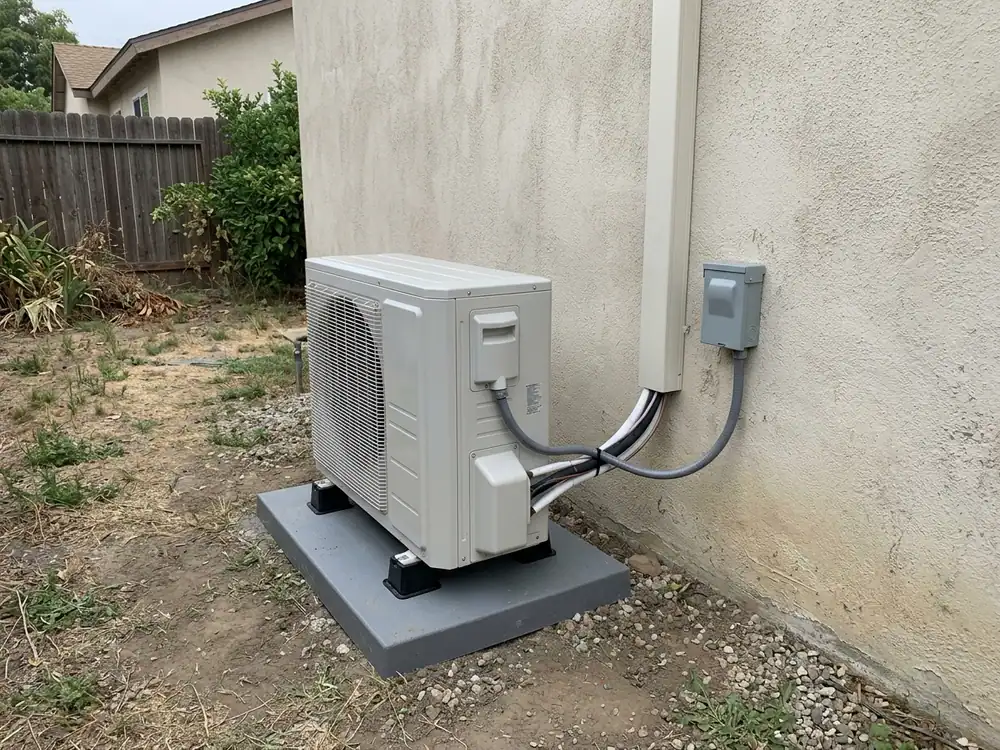 Outdoor mini-split on support feet with a covered line route.